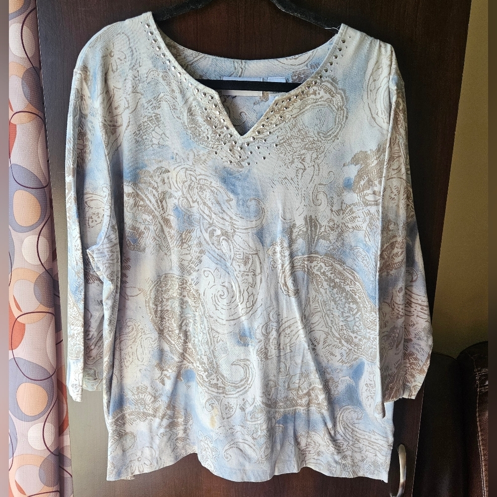 Alfred Dunner Beige and Blue Patterned Blouse Size Xl